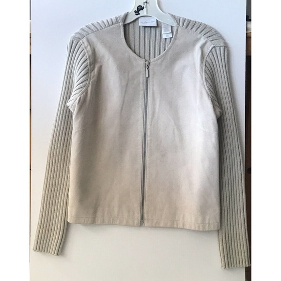 Liz Clairborne Suede Front Sweater Knit Arms & Back Beige SzPL Pre-Owned - Picture 1 of 9